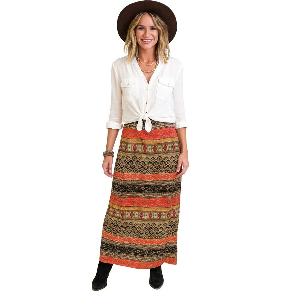 100% Silk Valerie Stevens Womens 8 Multicolor Boho Aztec Southwest Maxi Skirt